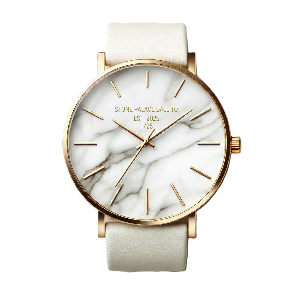 Example of a custom designed marble and gold watch branded watch for stone palace